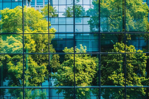 Green trees reflected in a glass office building