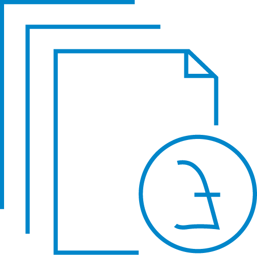 Blue illustration outline of a stack of papers with a sterling symbol